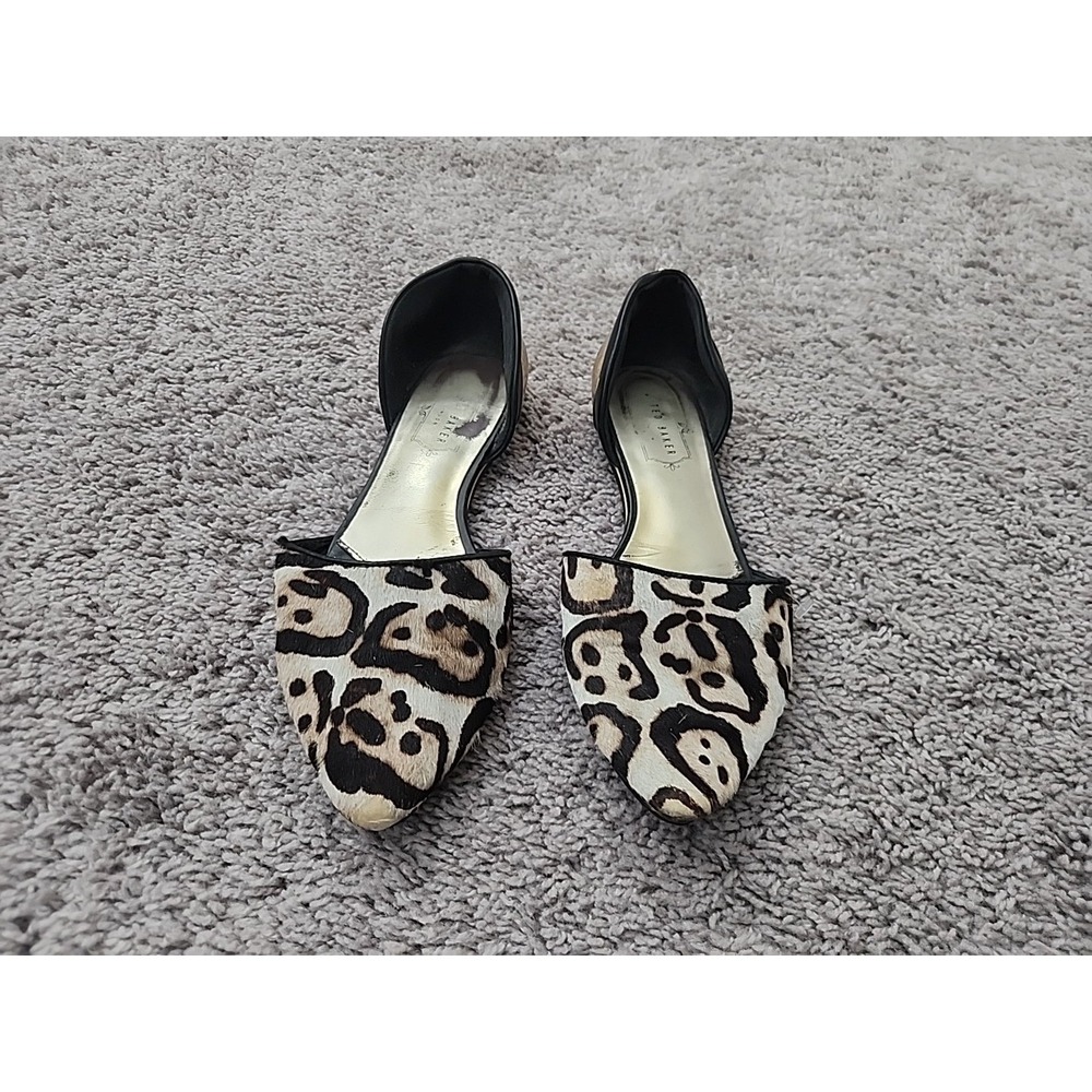 Ted Baker D'Orsay Flats Women 8 Leopard Print Calf Hair Gold Metallic Heel